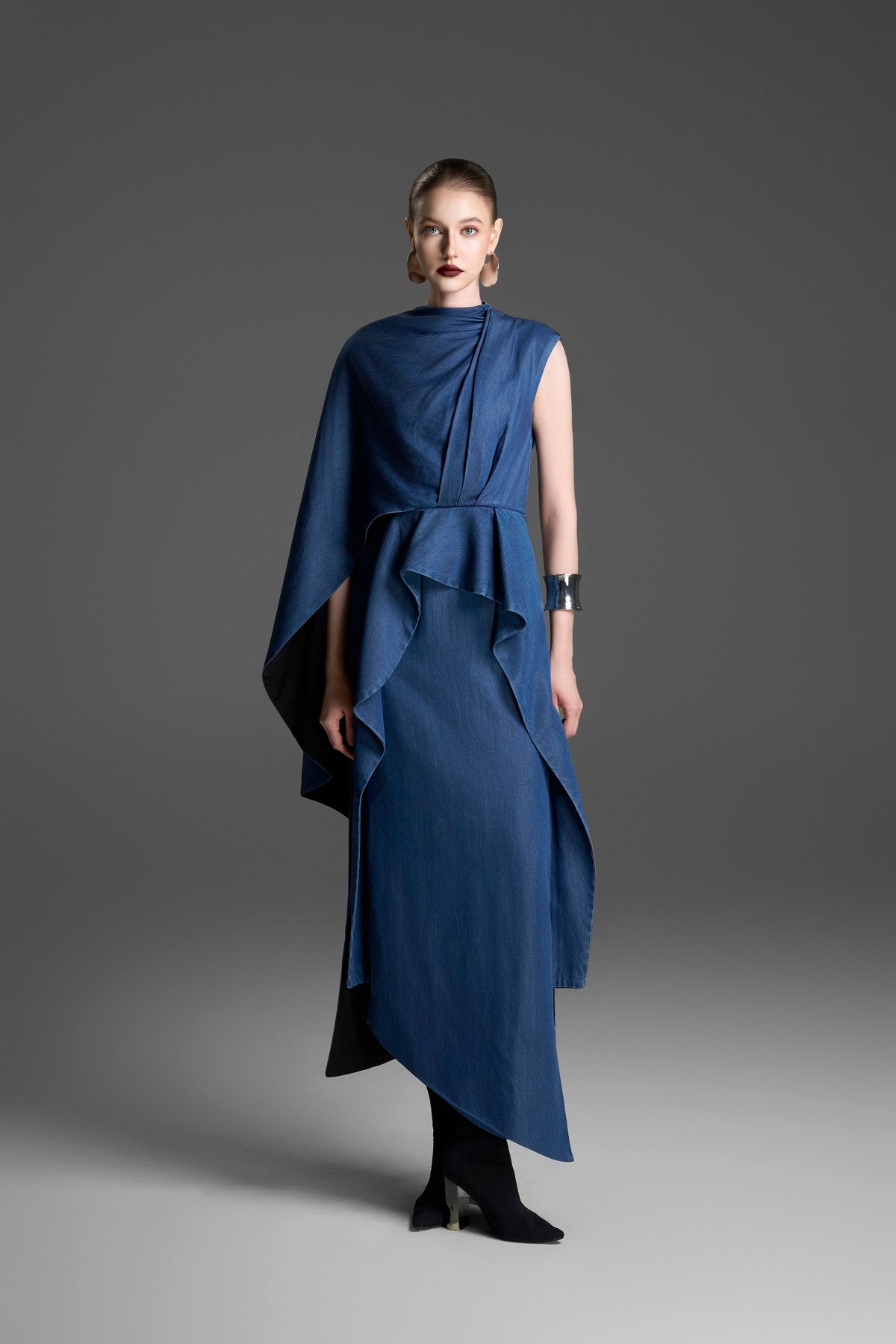 One-Shoulder Gown with a Draped Cape Sleeve