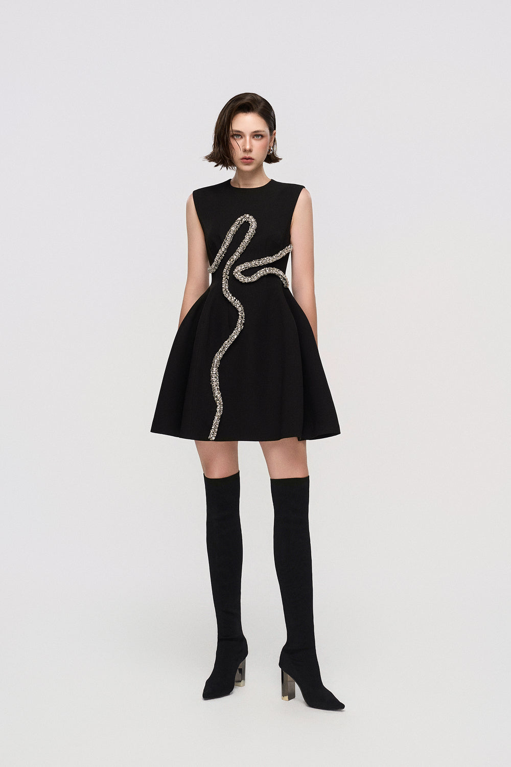 Dress Sleeveless A-line dress with 3D crystal wave embellishment