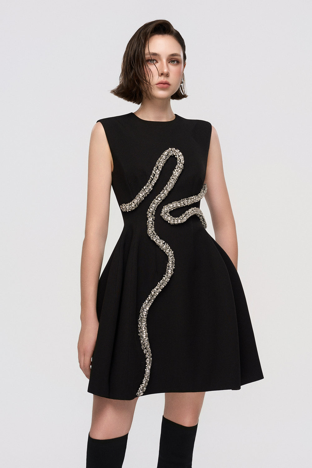 Dress Sleeveless A-line dress with 3D crystal wave embellishment