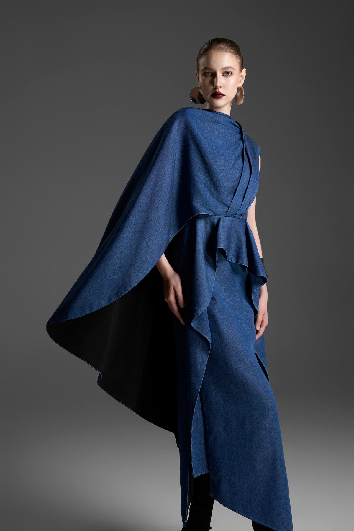 One-Shoulder Gown with a Draped Cape Sleeve