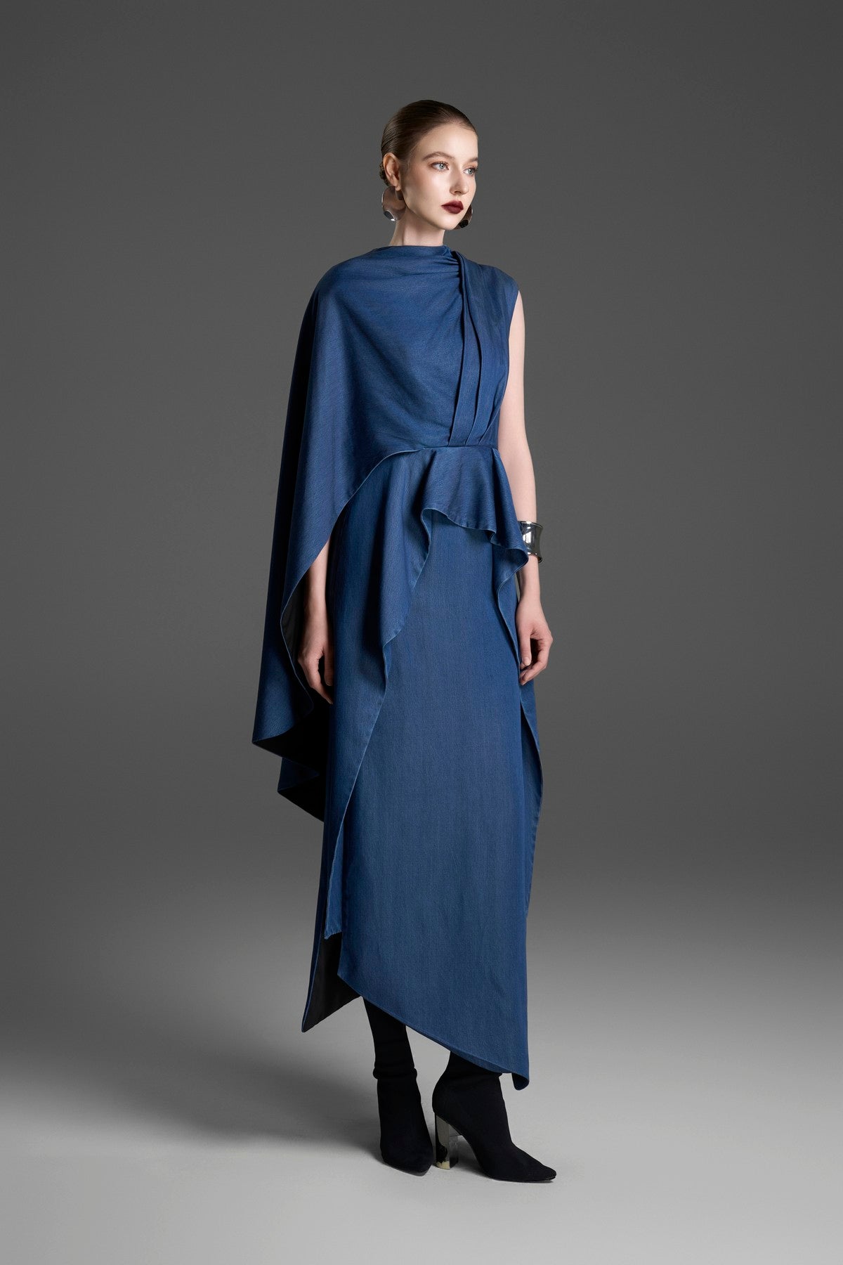 One-Shoulder Gown with a Draped Cape Sleeve