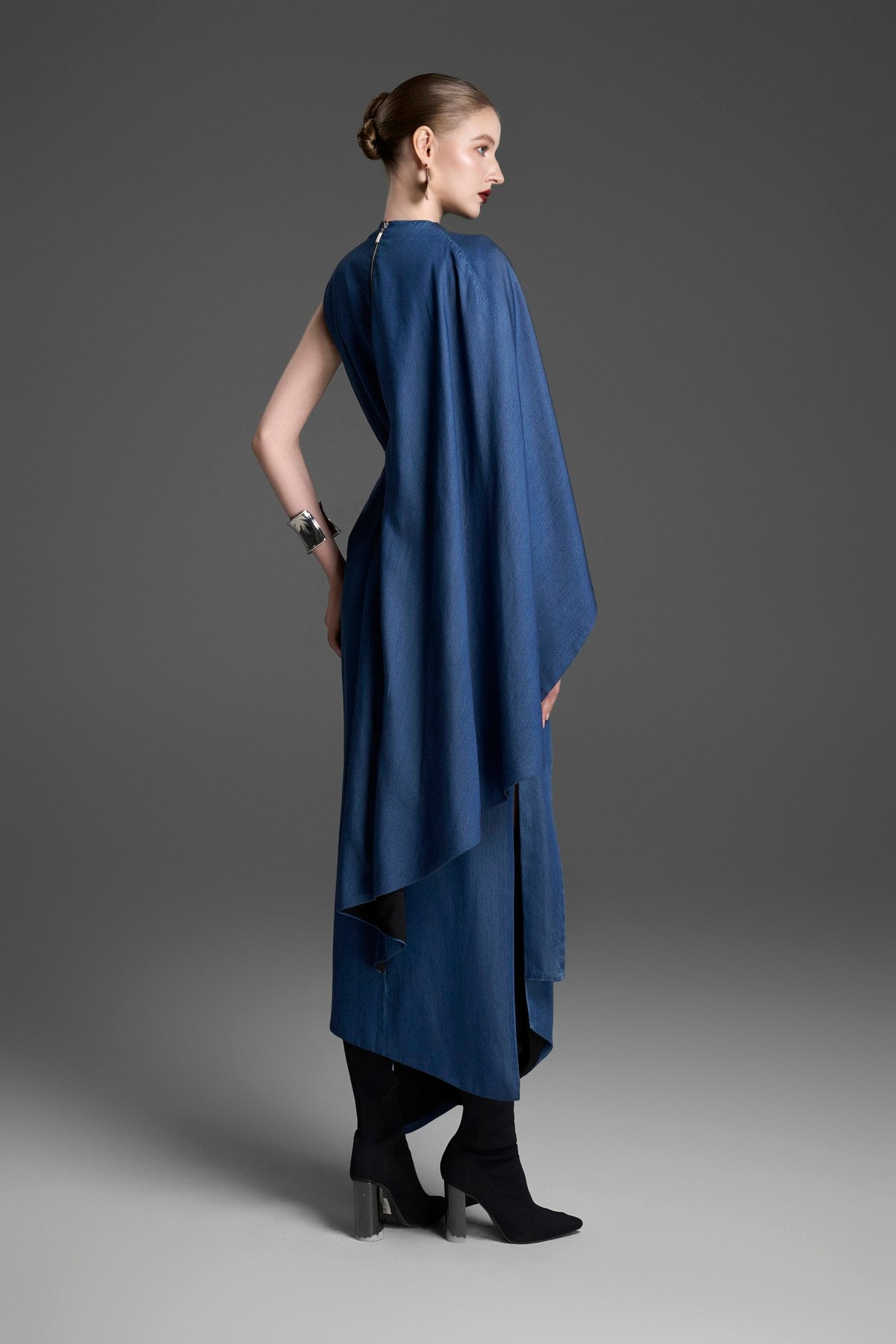 One-Shoulder Gown with a Draped Cape Sleeve