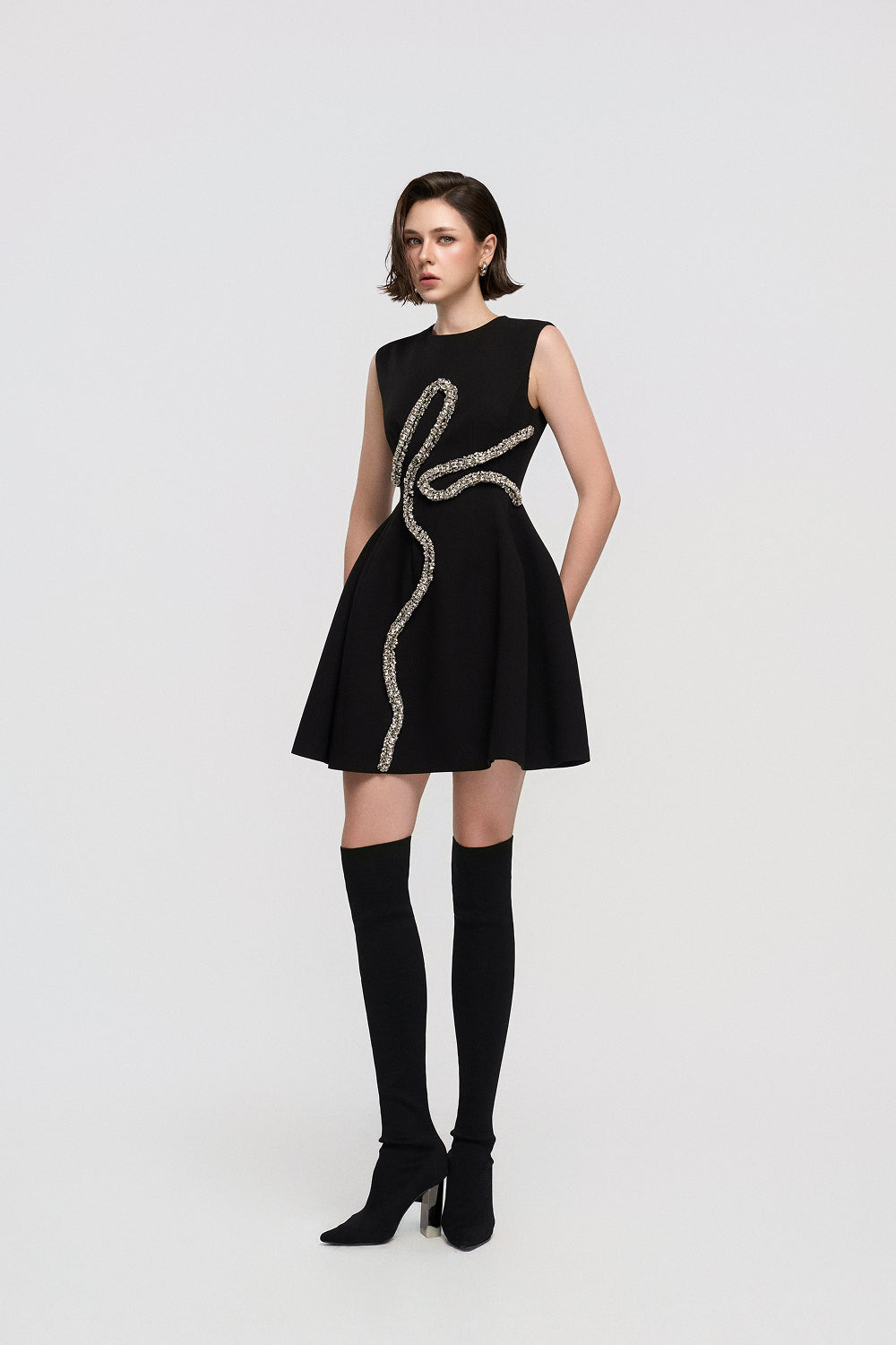 Dress Sleeveless A-line dress with 3D crystal wave embellishment