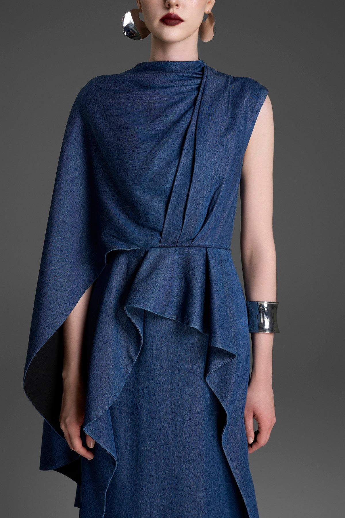 One-Shoulder Gown with a Draped Cape Sleeve