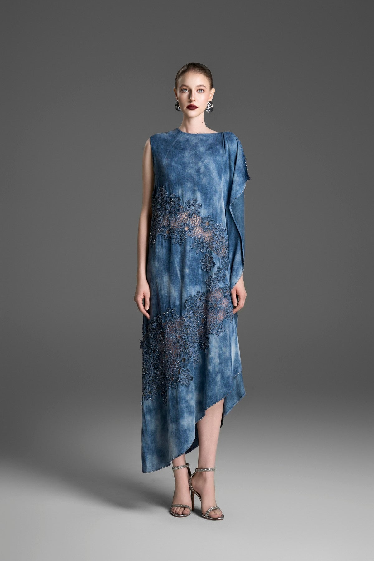 Marbled Denim Dress with Floral Lace and Rivet Detailing