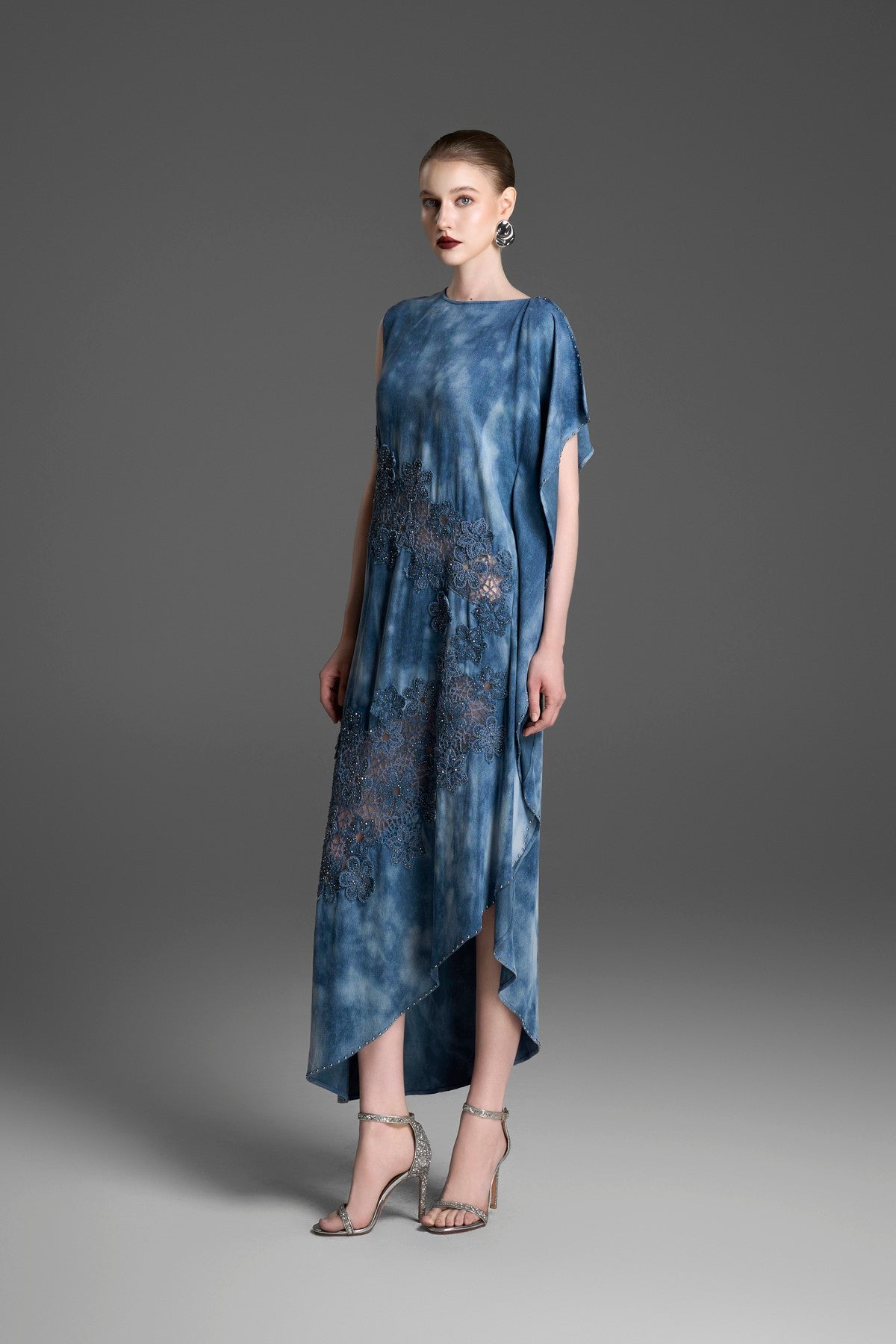 Marbled Denim Dress with Floral Lace and Rivet Detailing