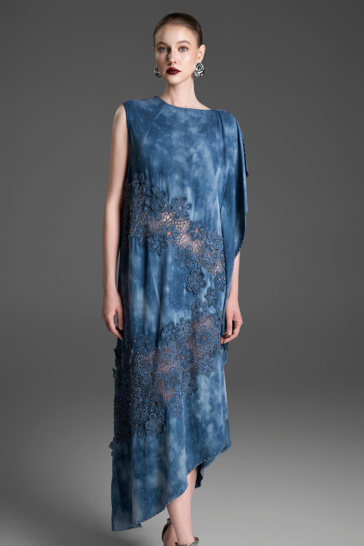 Marbled Denim Dress with Floral Lace and Rivet Detailing
