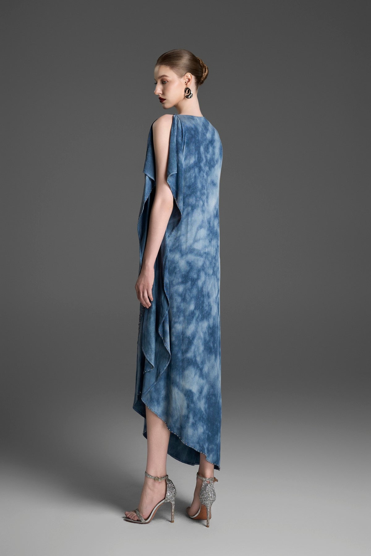 Marbled Denim Dress with Floral Lace and Rivet Detailing