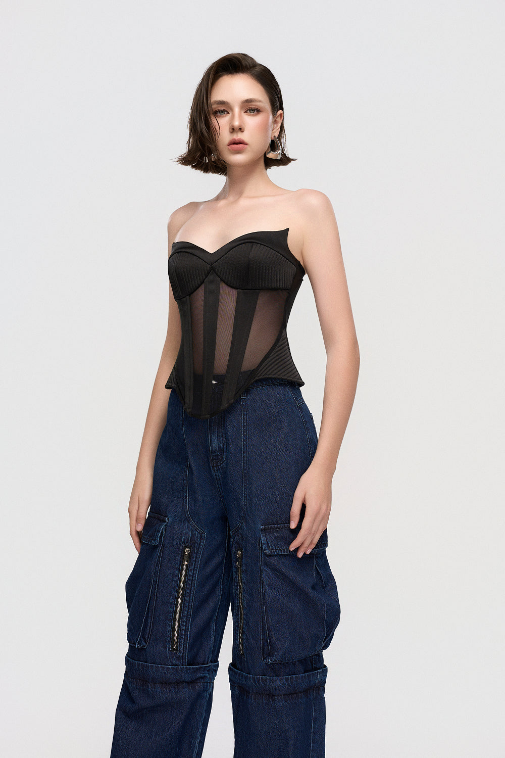 Corset Structured bustier corset with sheer, mesh paneling details