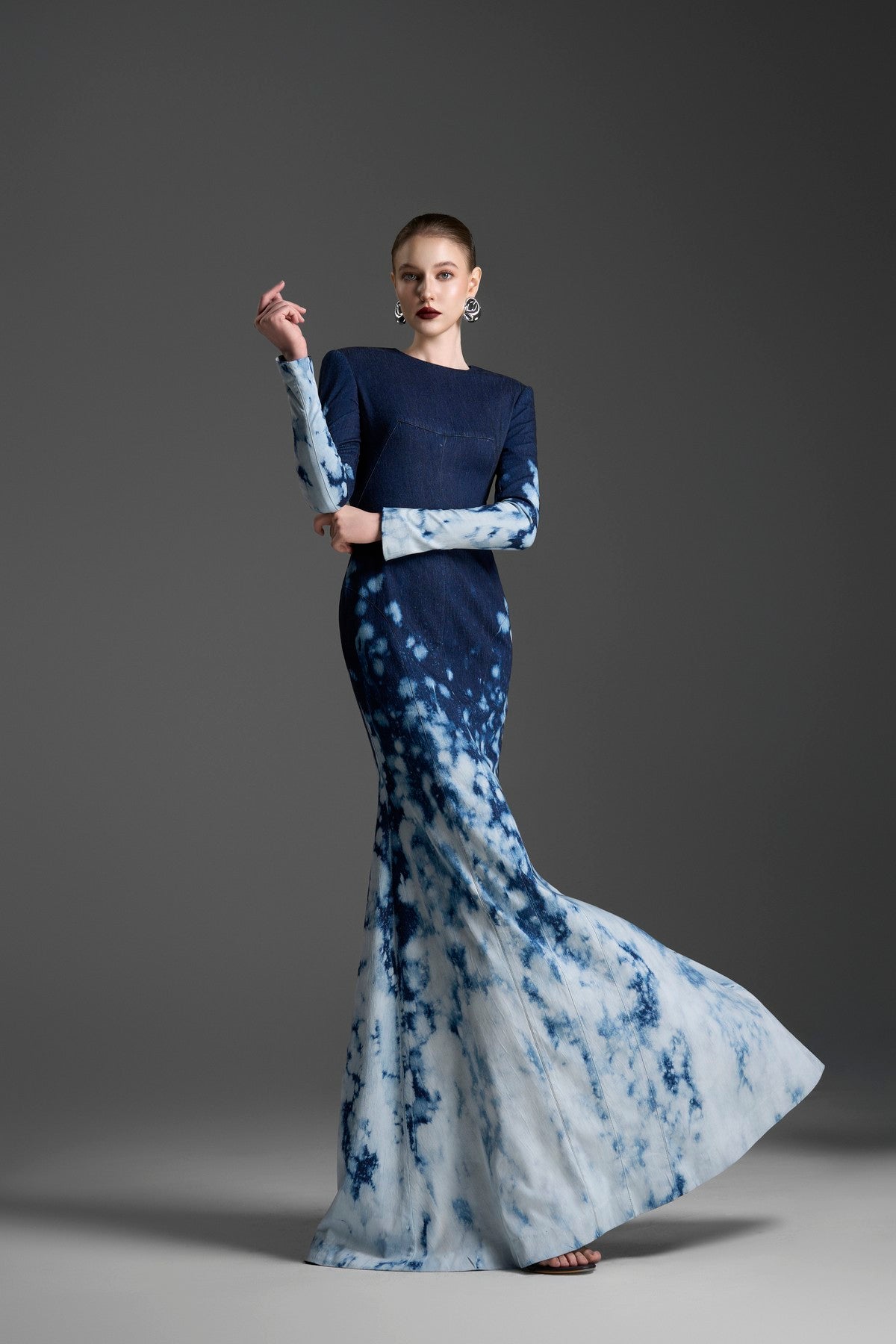Long-Sleeved Mermaid Gown with an Artisanal, Cloud-Like Ombre Wash