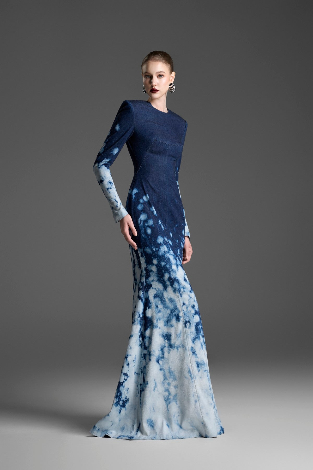 Long-Sleeved Mermaid Gown with an Artisanal, Cloud-Like Ombre Wash