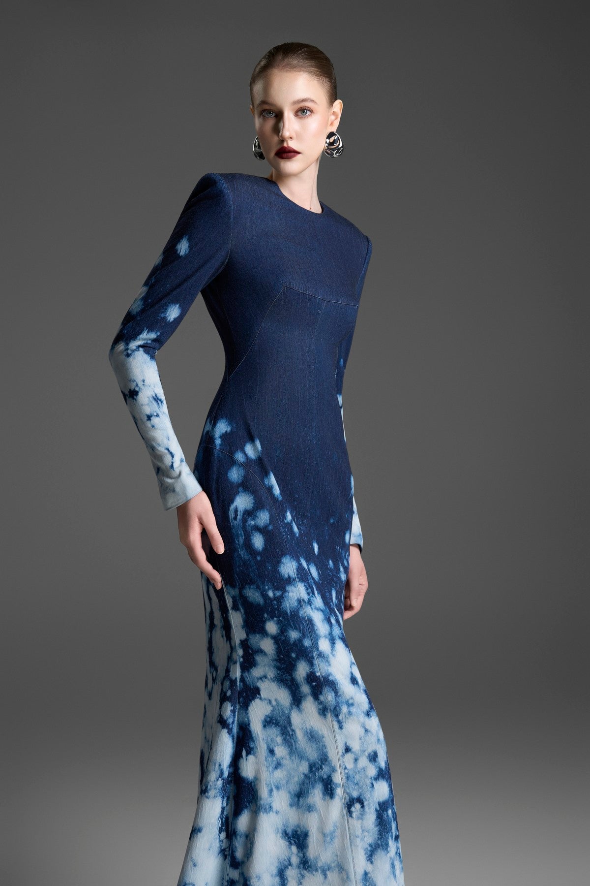 Long-Sleeved Mermaid Gown with an Artisanal, Cloud-Like Ombre Wash