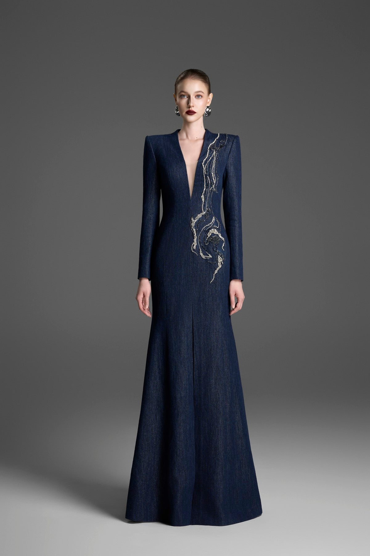 V-Neck Mermaid Gown with Crystal-Embellished Tulle Details