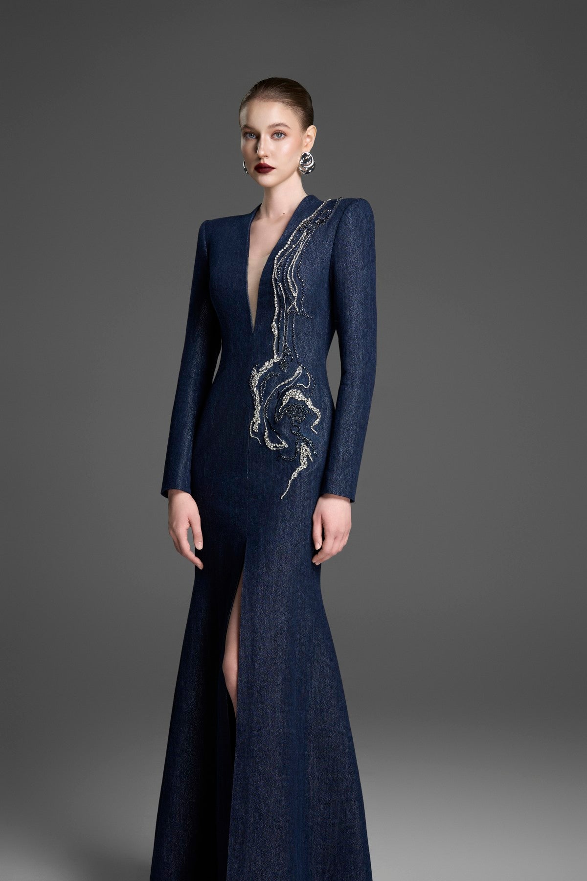V-Neck Mermaid Gown with Crystal-Embellished Tulle Details