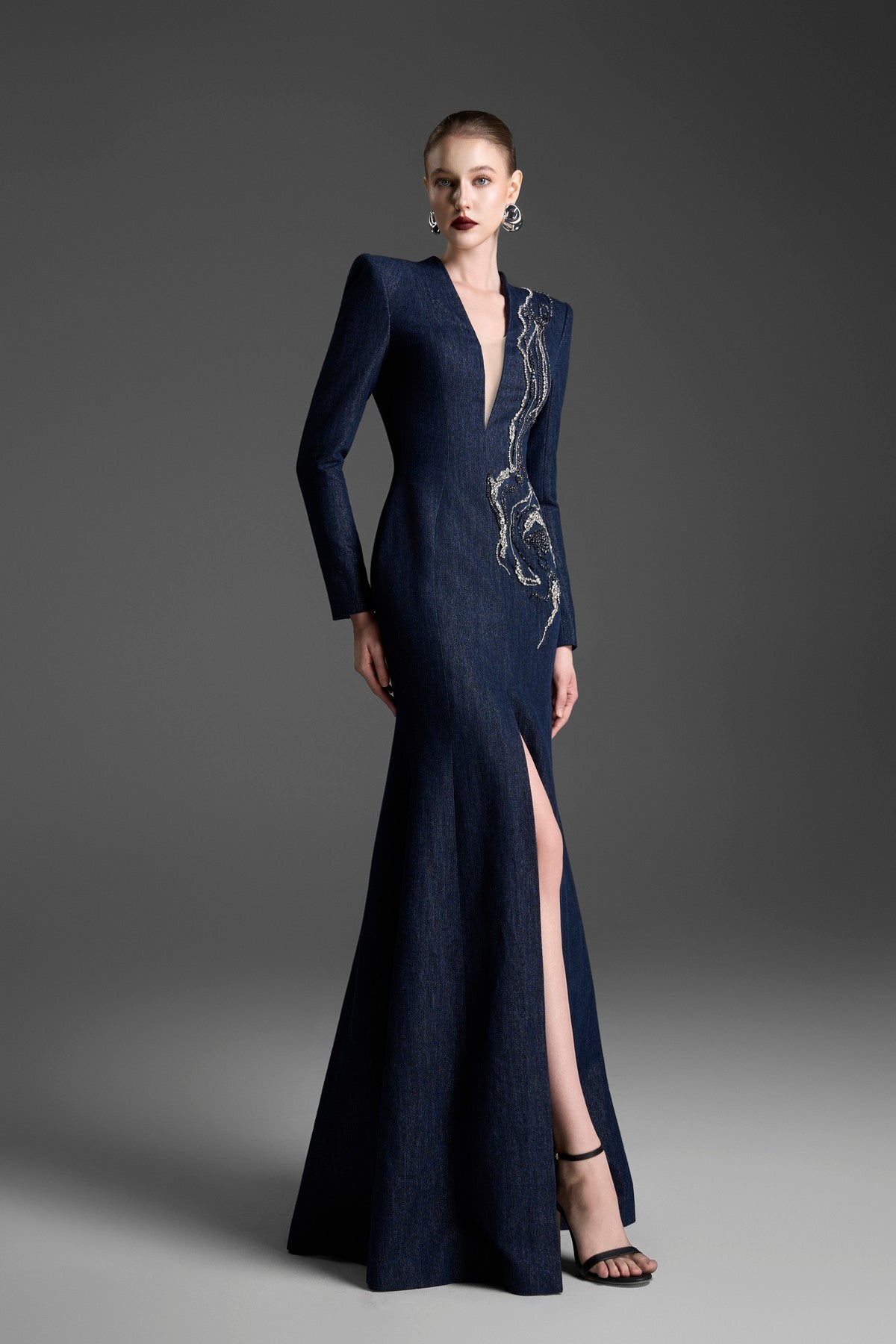 V-Neck Mermaid Gown with Crystal-Embellished Tulle Details