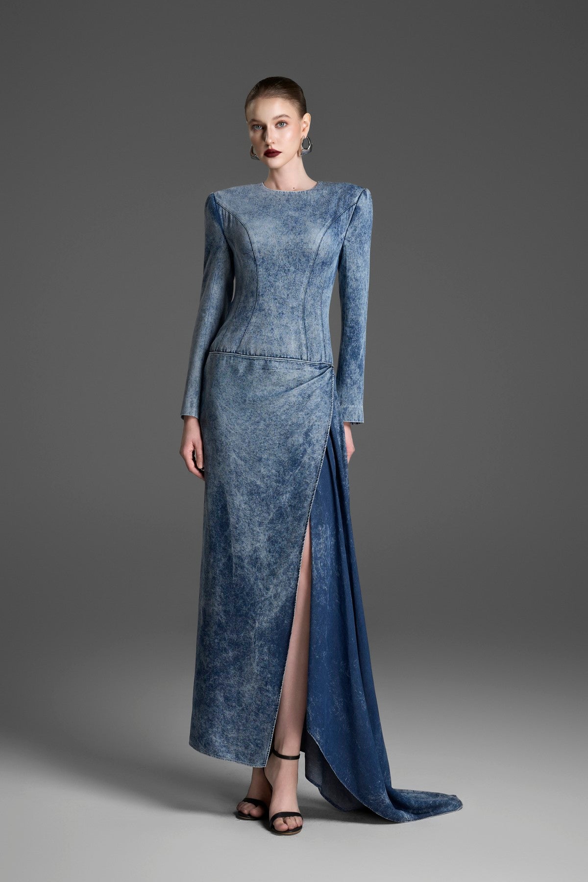 Acid-Wash Dress with an Asymmetrical Pleated Drape