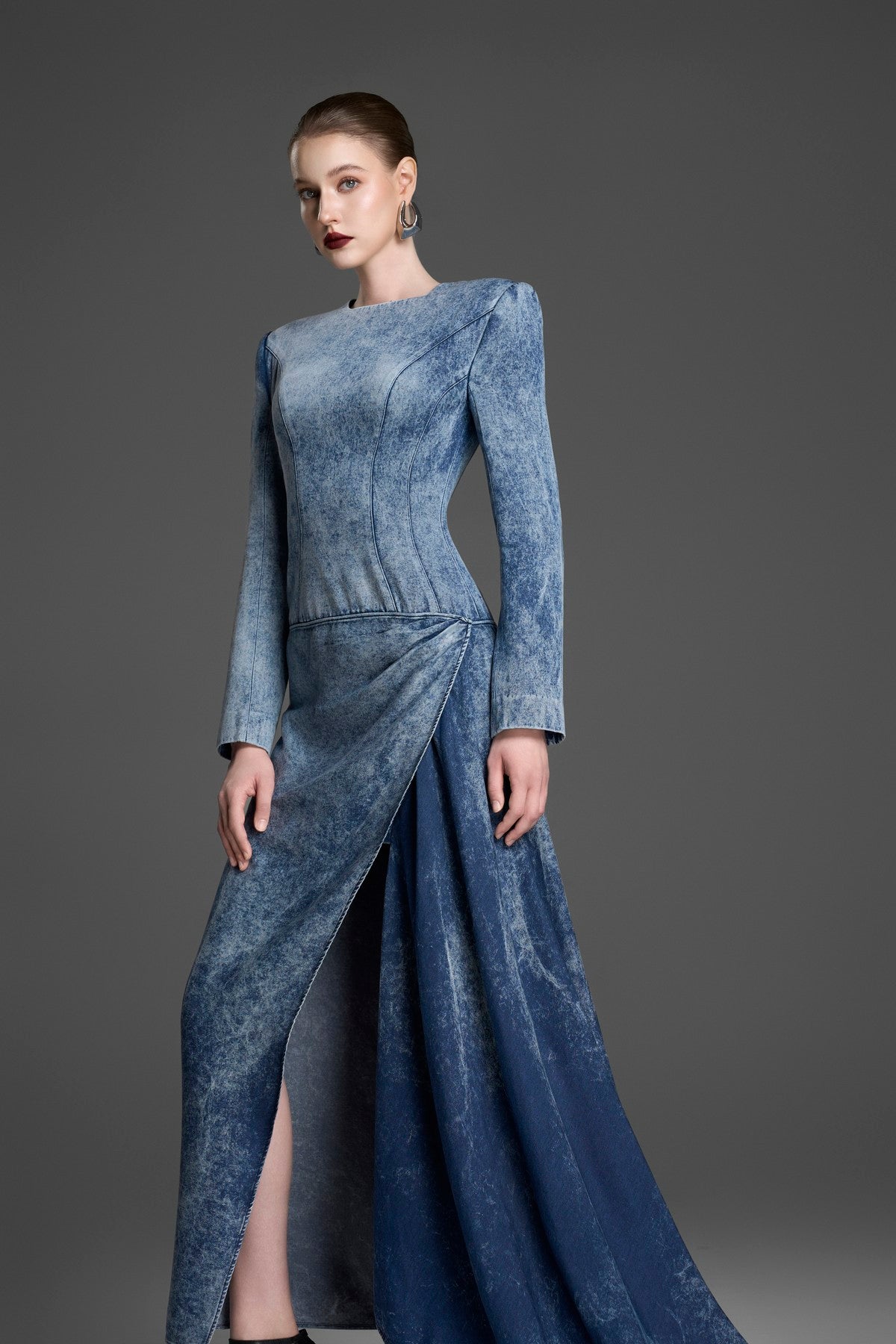 Acid-Wash Dress with an Asymmetrical Pleated Drape