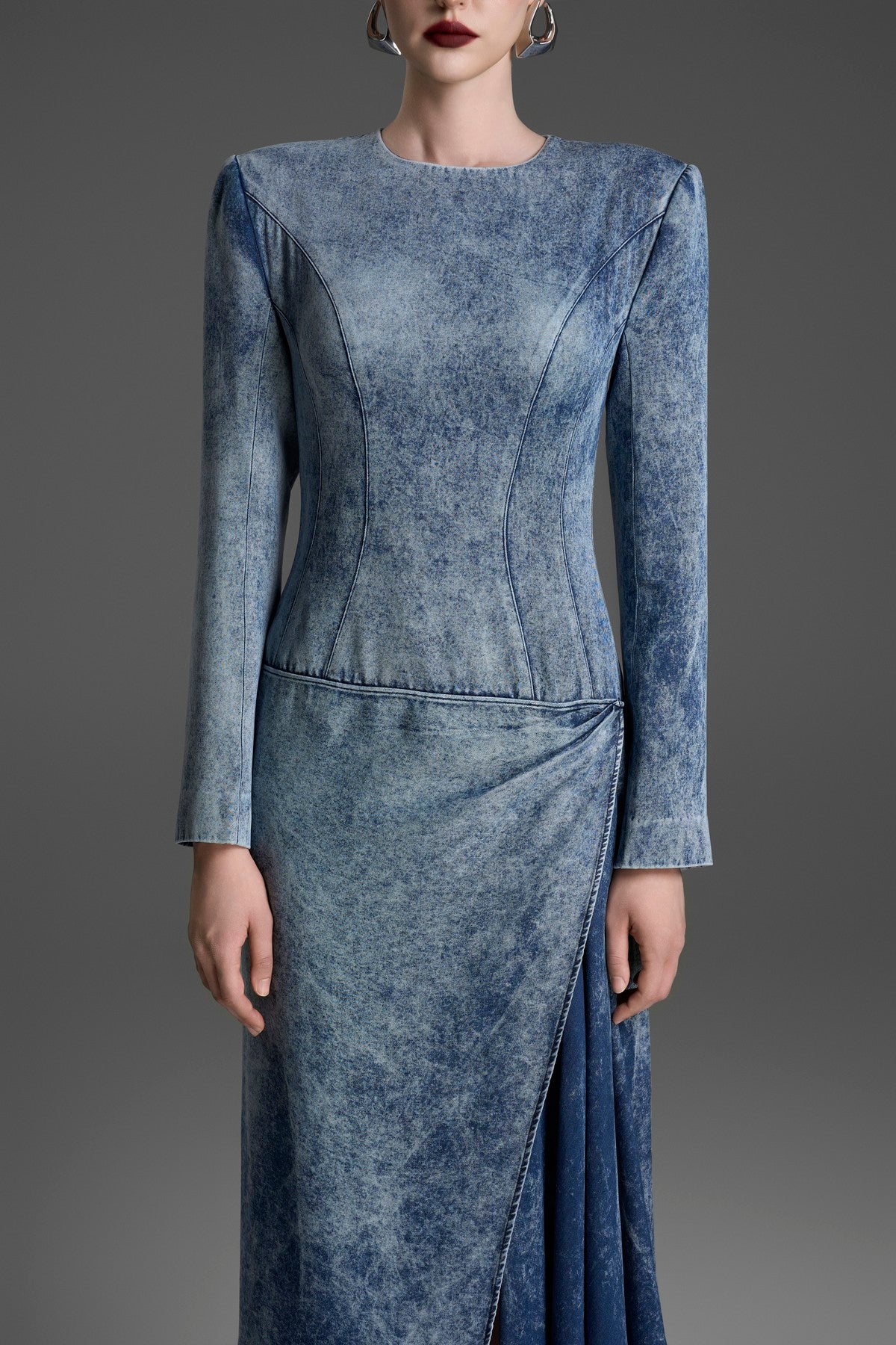 Acid-Wash Dress with an Asymmetrical Pleated Drape