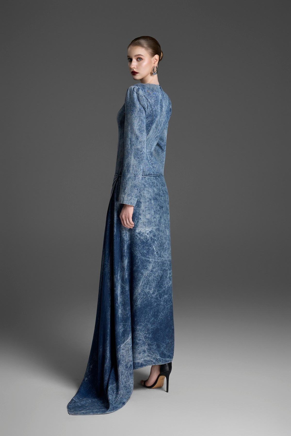 Acid-Wash Dress with an Asymmetrical Pleated Drape