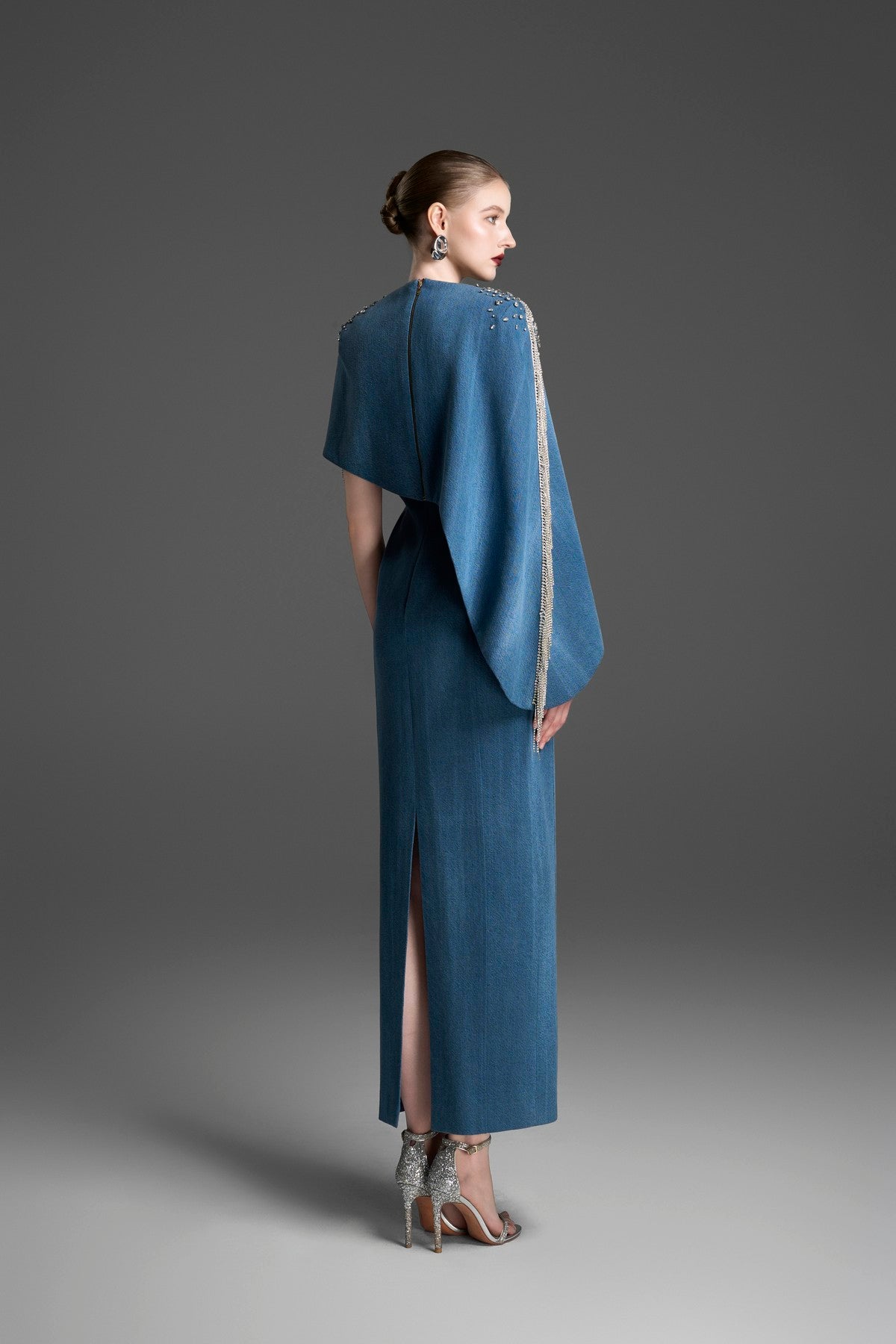 Asymmetrical Column Dress with a Single Draped Cape Sleeve