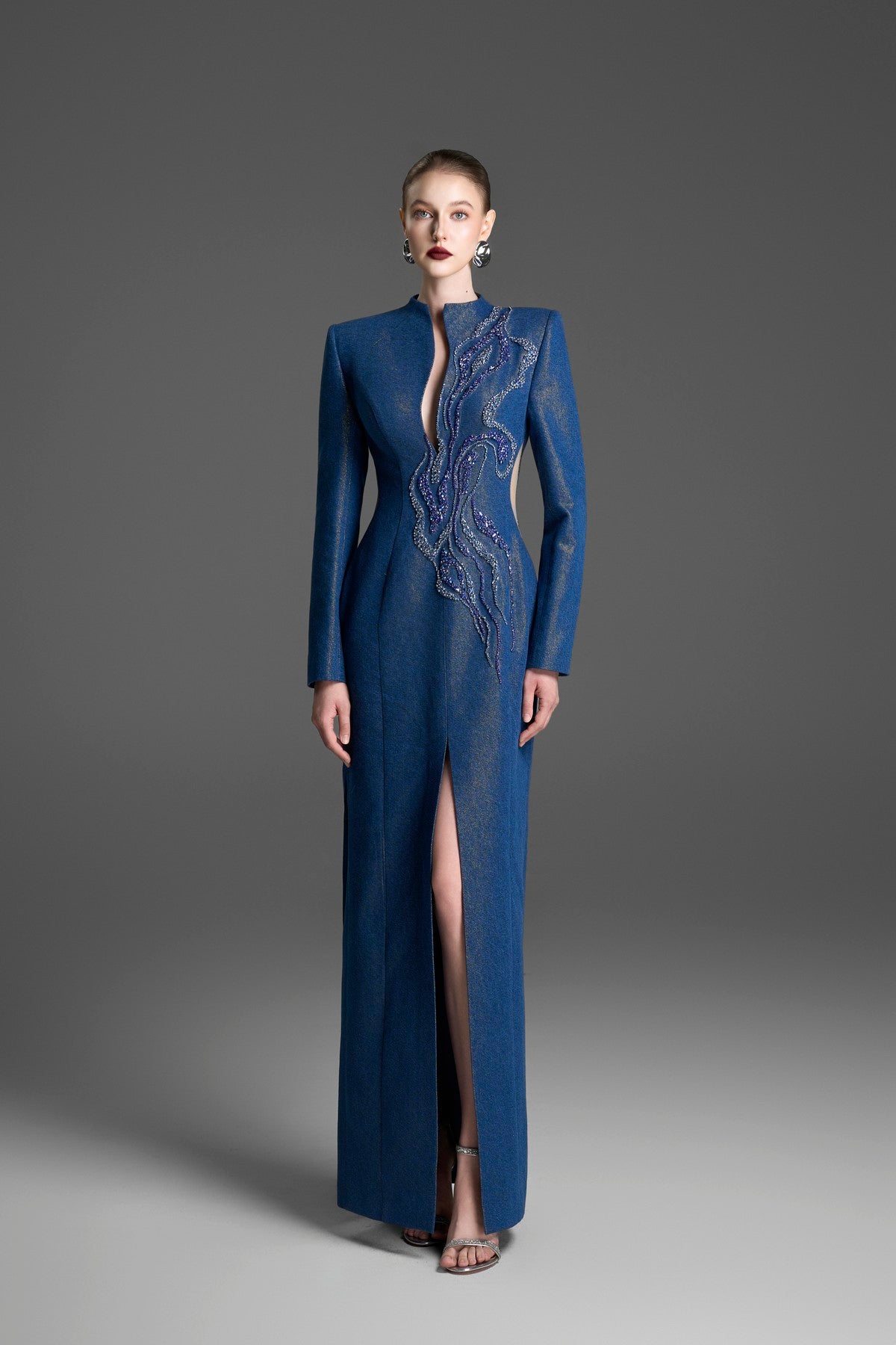 Column Gown with a Keyhole Neck & Crystal Embroidery