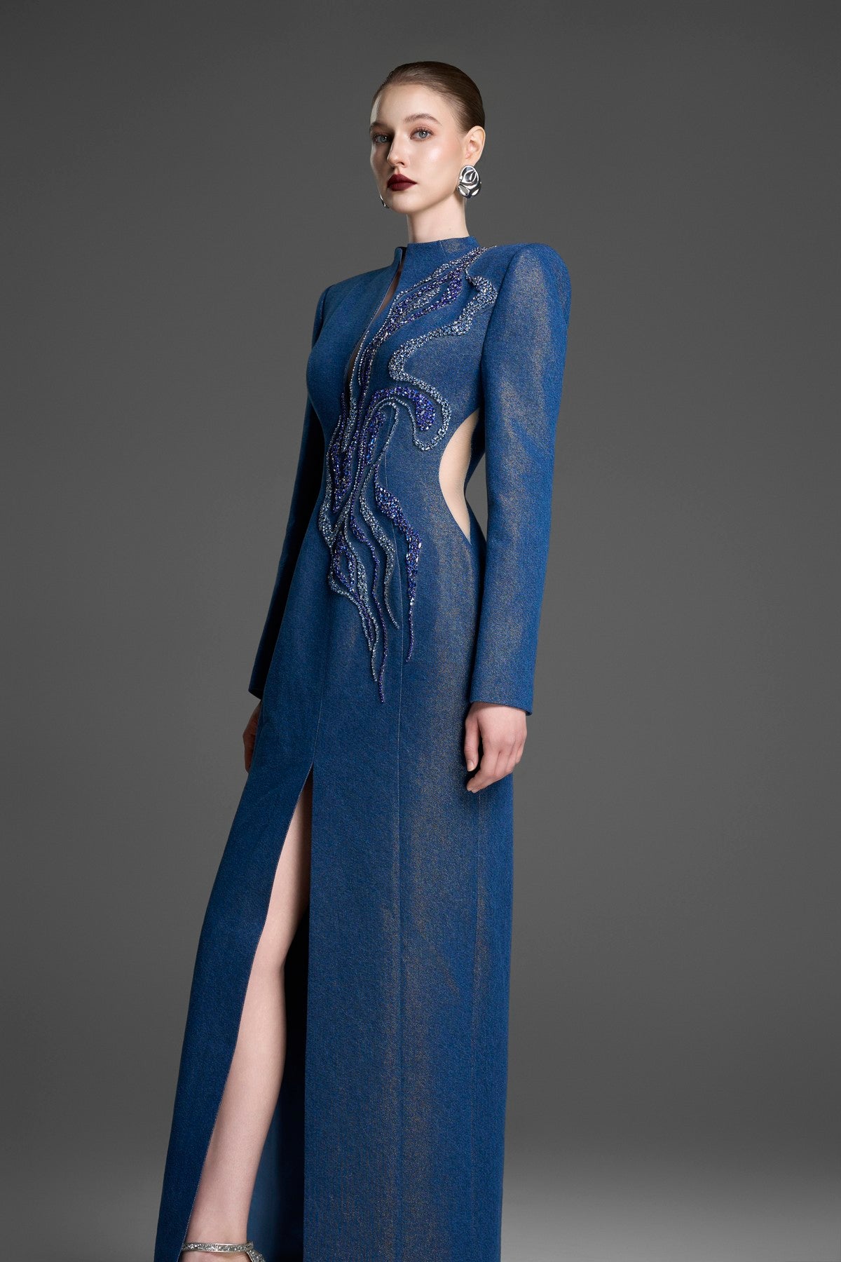 Column Gown with a Keyhole Neck & Crystal Embroidery
