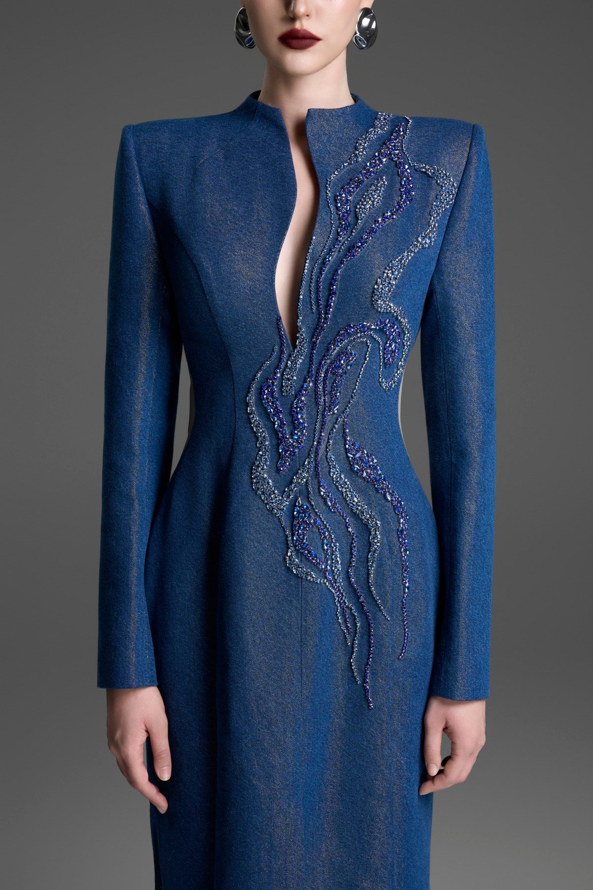 Column Gown with a Keyhole Neck & Crystal Embroidery