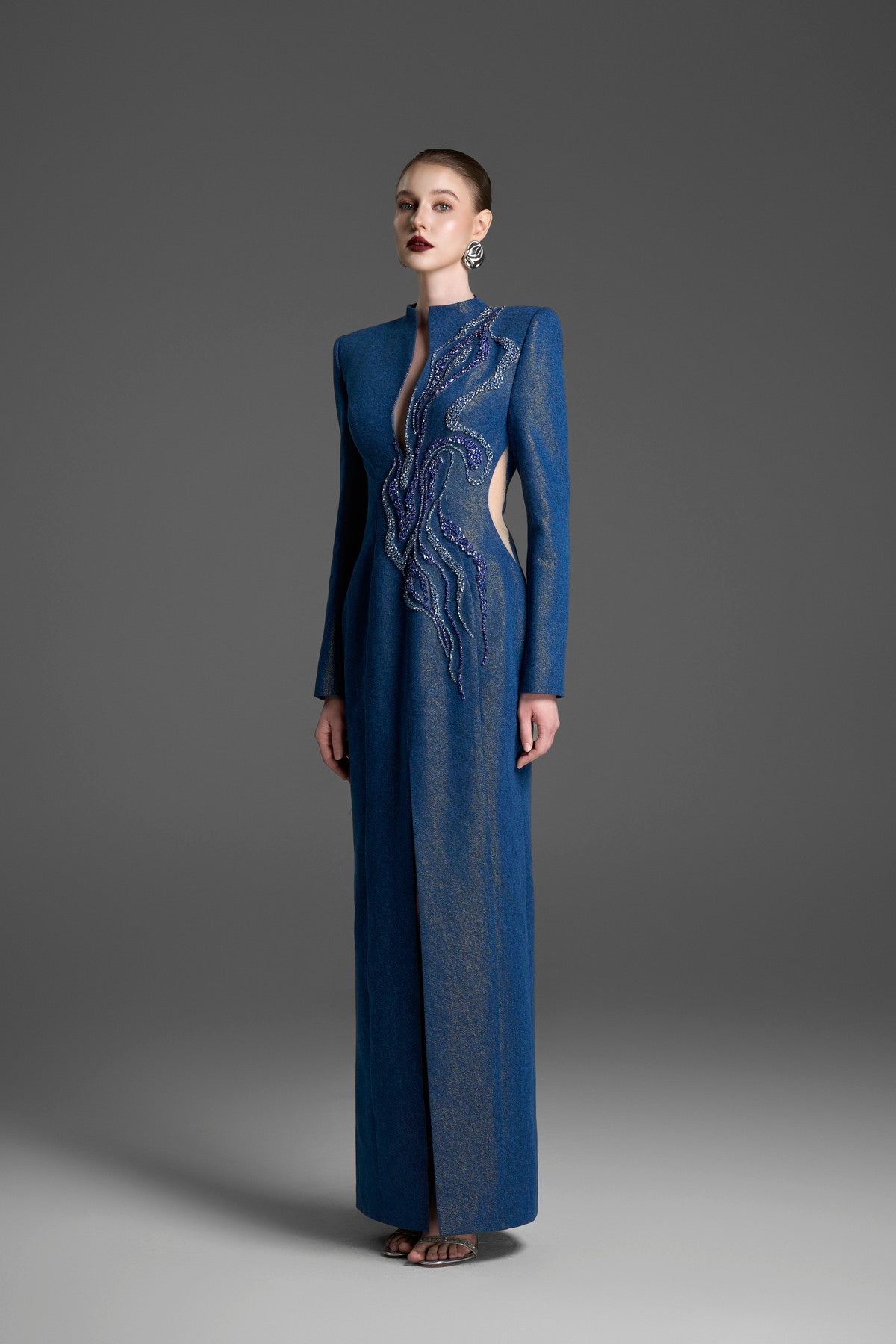 Column Gown with a Keyhole Neck & Crystal Embroidery