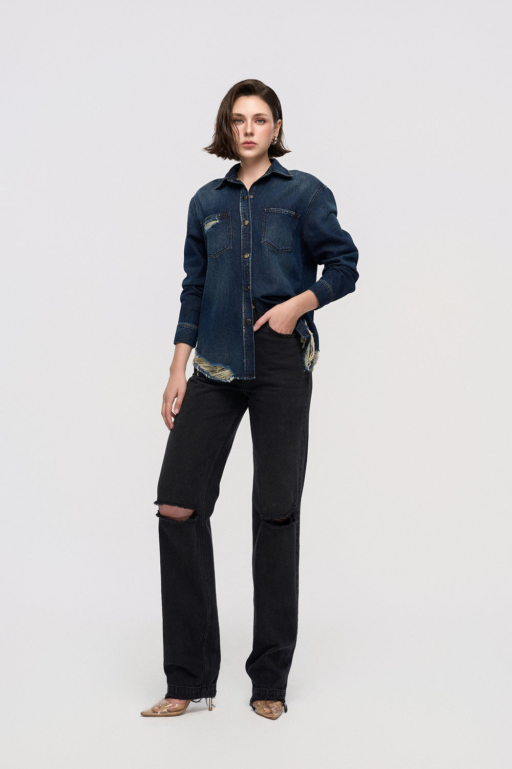 Shirt Denim shirt with an enzyme wash and raw hems