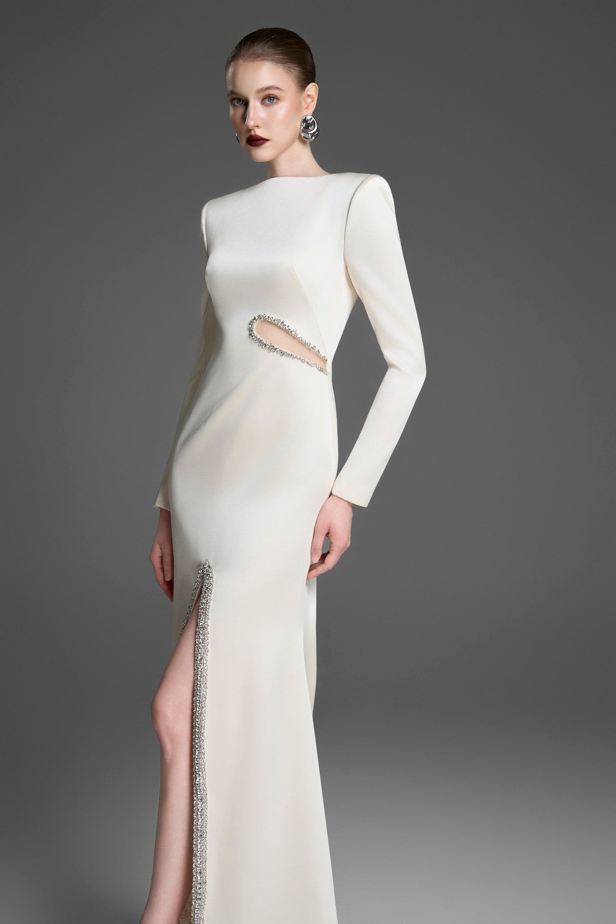 Long-Sleeve Boat Neck Dress with a Teardrop Waist Cutout