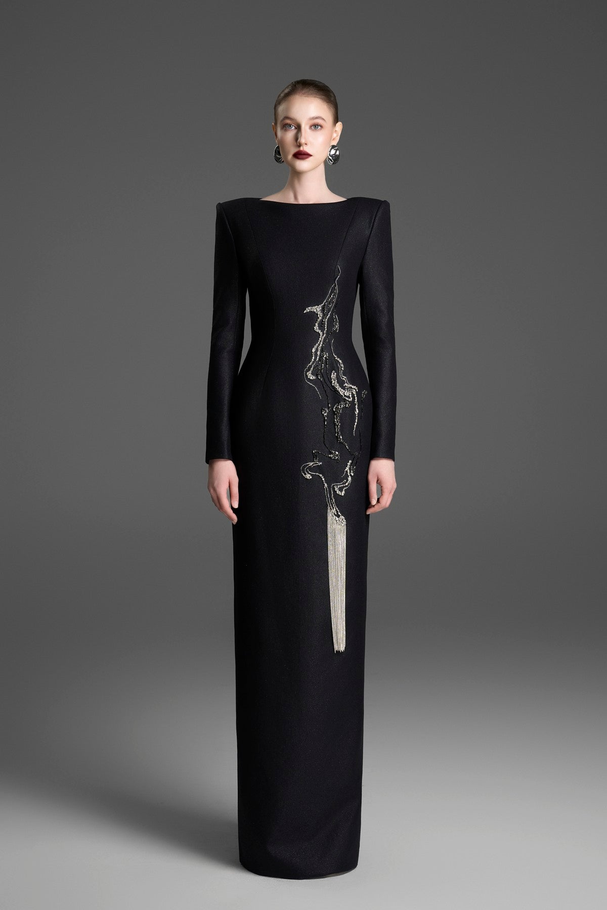 Sheath Dress with a Boat Neckline and Crystal Fringe Detailing