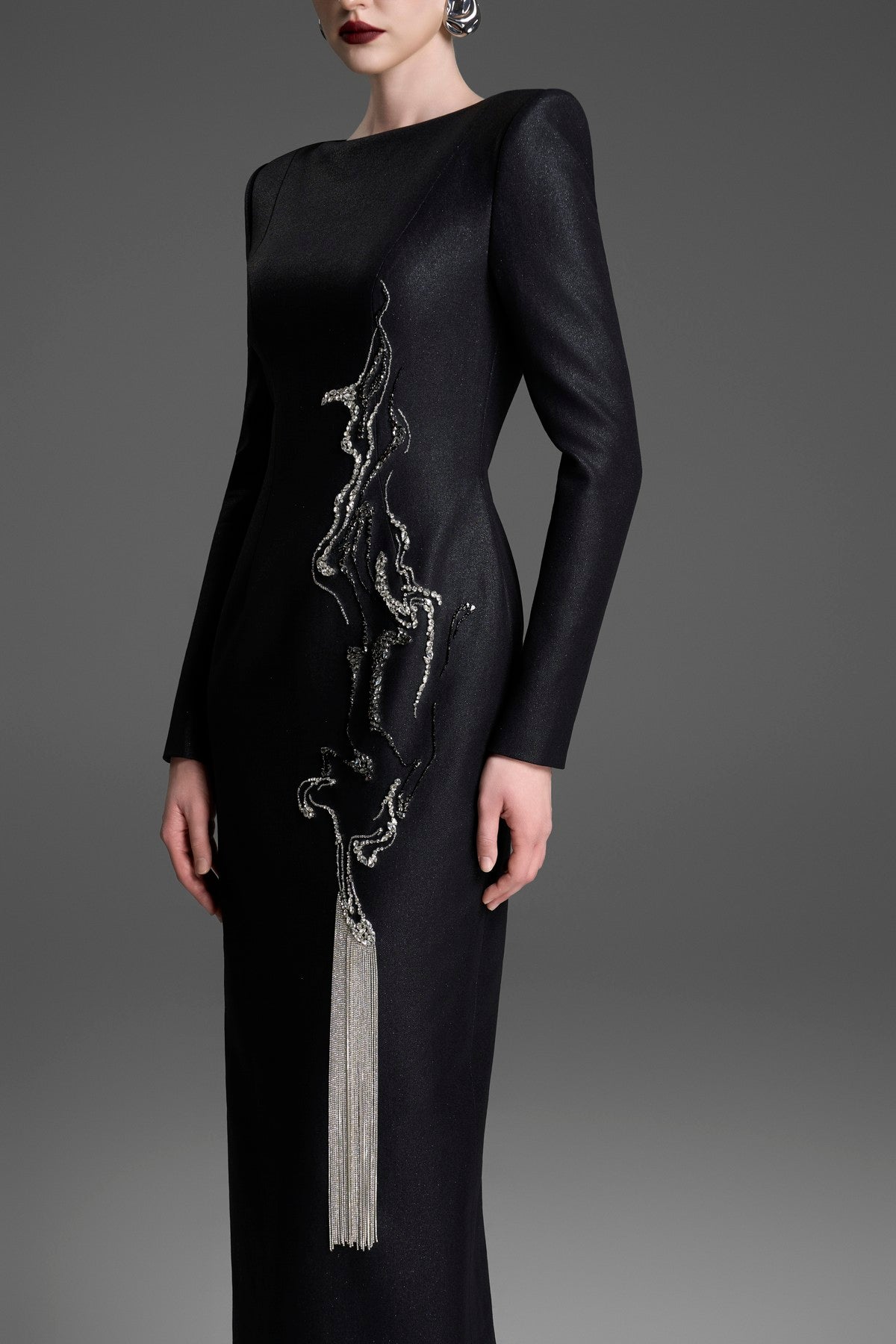Sheath Dress with a Boat Neckline and Crystal Fringe Detailing