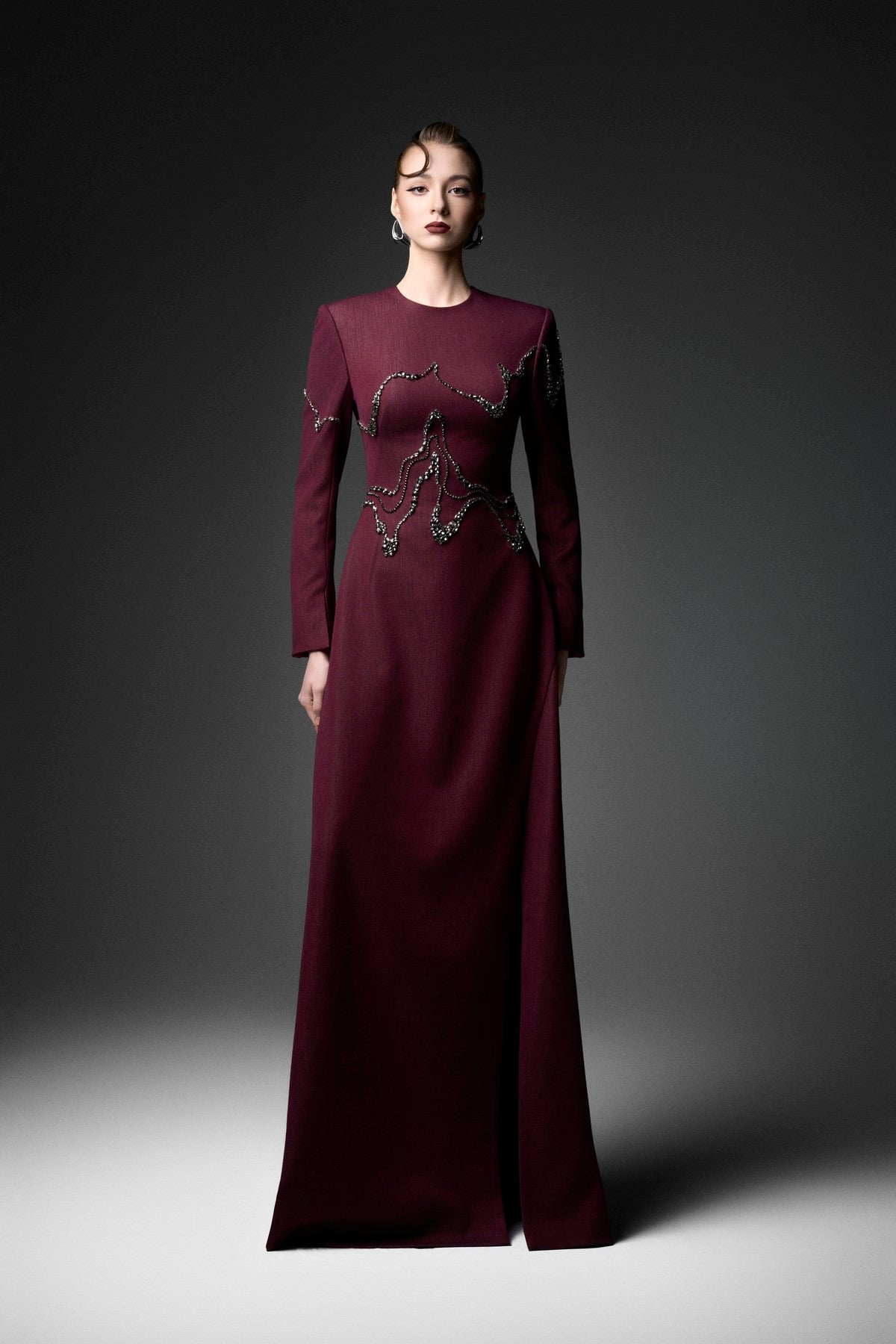 Wave-Embellished Long Sleeve A-Line Dress
