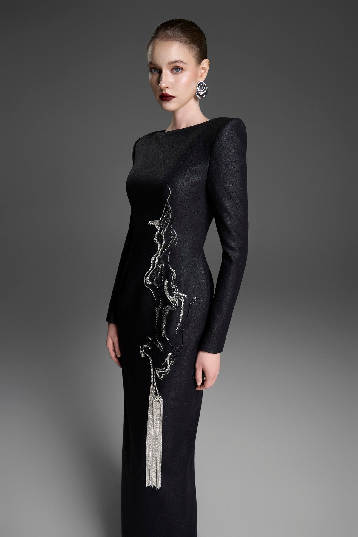 Sheath Dress with a Boat Neckline and Crystal Fringe Detailing
