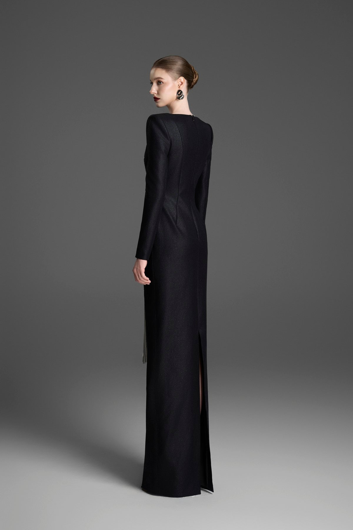Sheath Dress with a Boat Neckline and Crystal Fringe Detailing