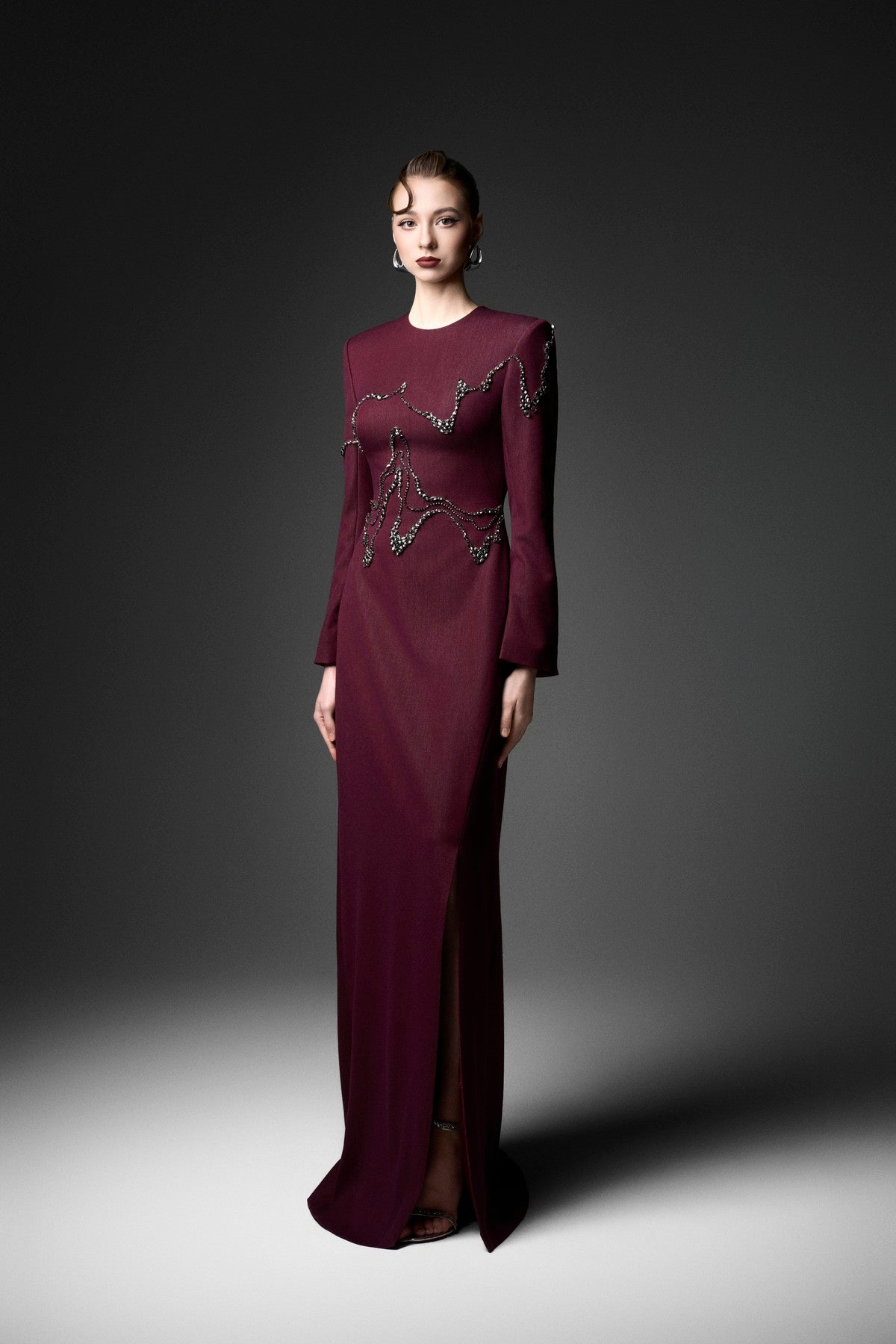 Wave-Embellished Long Sleeve A-Line Dress