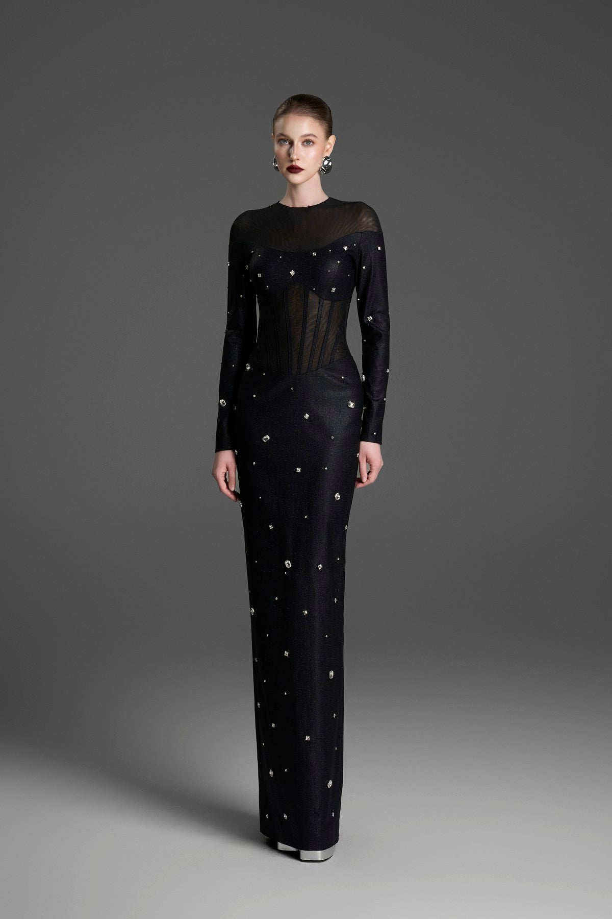 Long-Sleeve Column Gown with Corset Seams