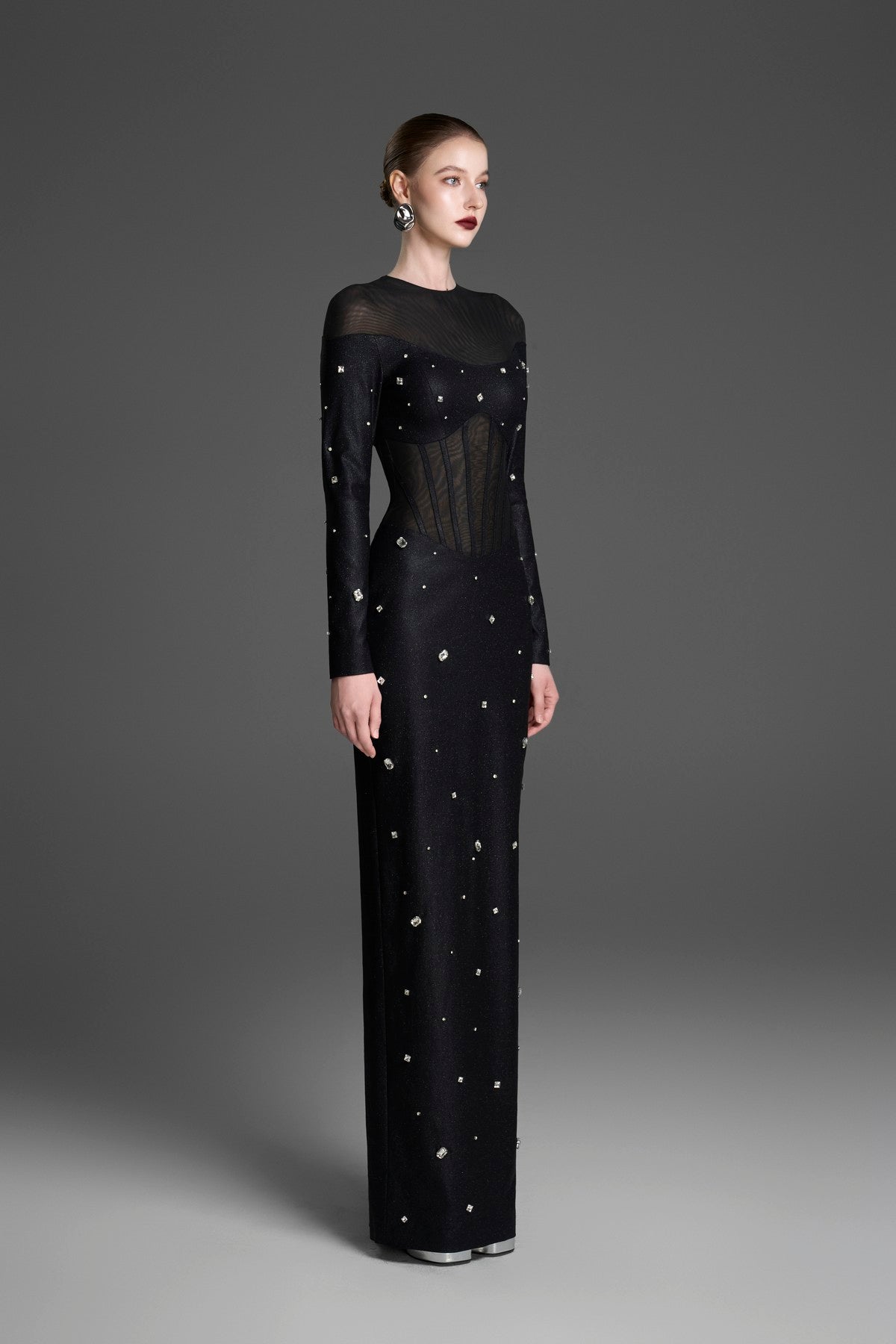 Long-Sleeve Column Gown with Corset Seams