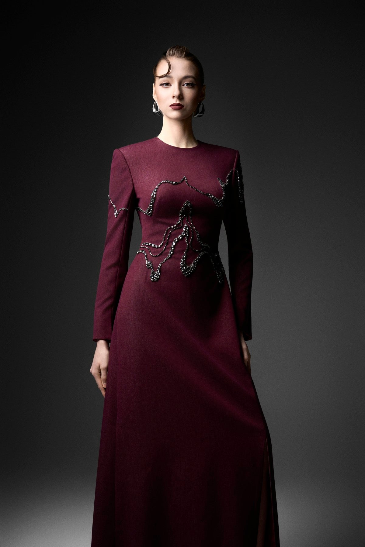 Wave-Embellished Long Sleeve A-Line Dress