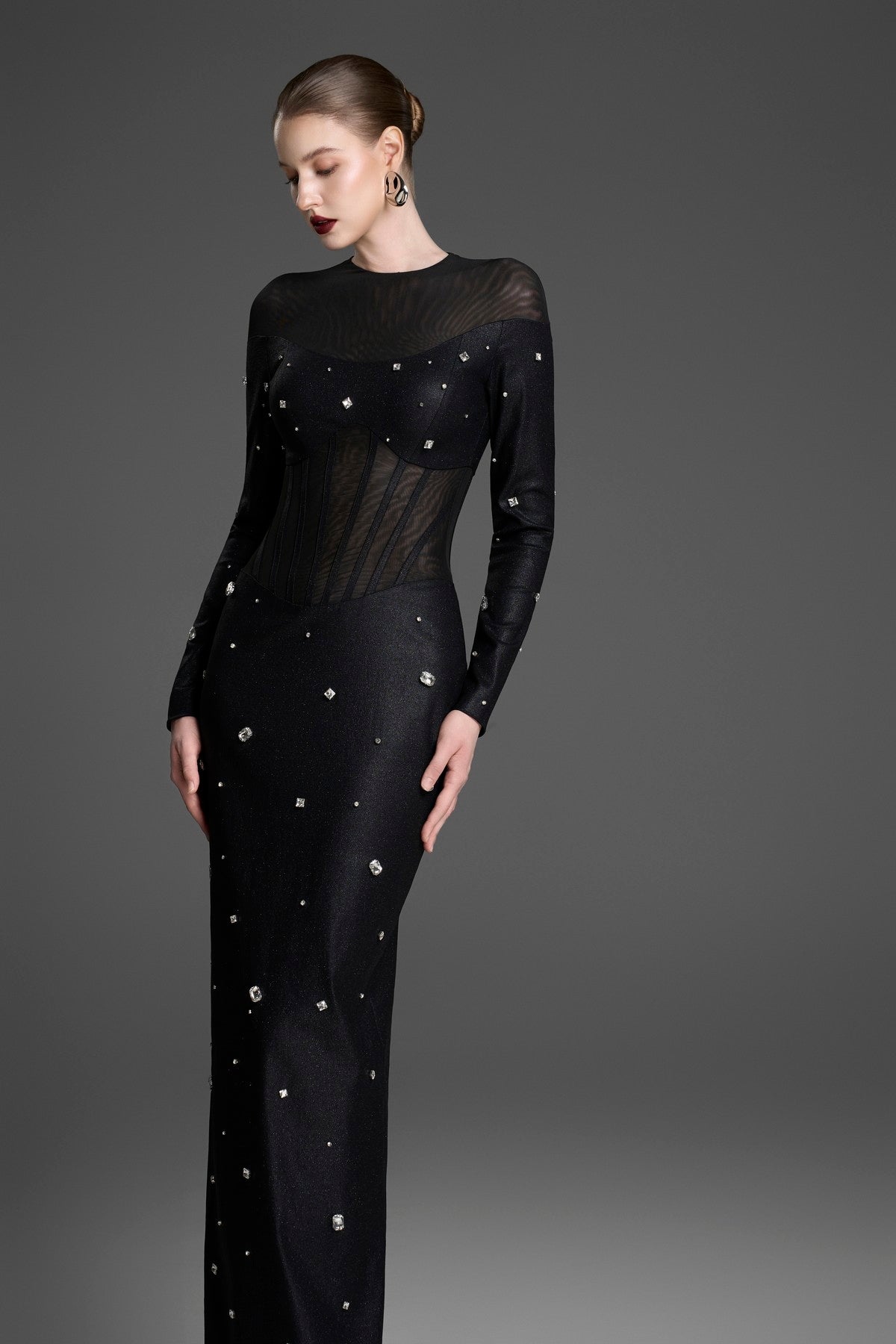Long-Sleeve Column Gown with Corset Seams