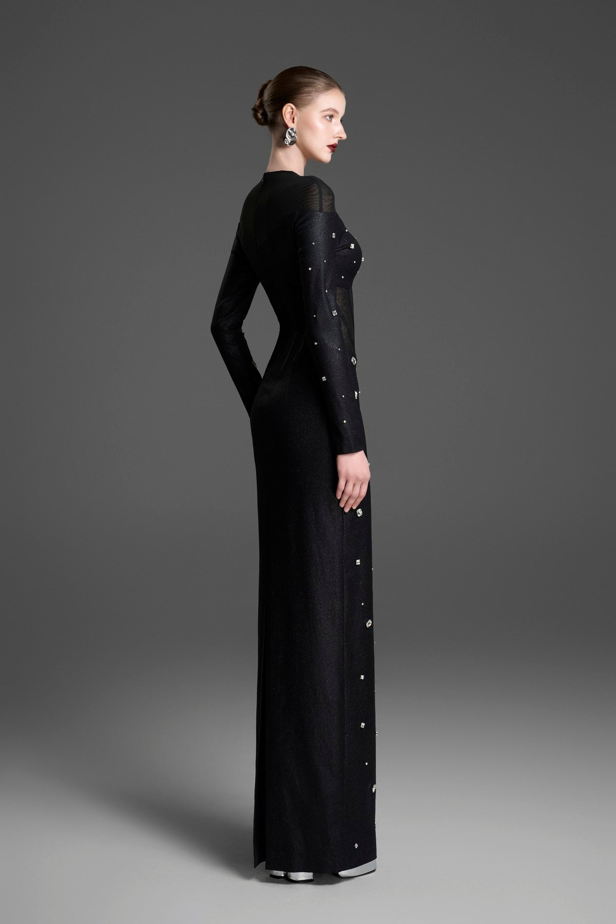 Long-Sleeve Column Gown with Corset Seams