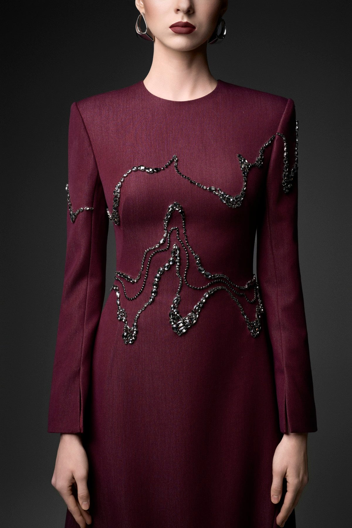 Wave-Embellished Long Sleeve A-Line Dress