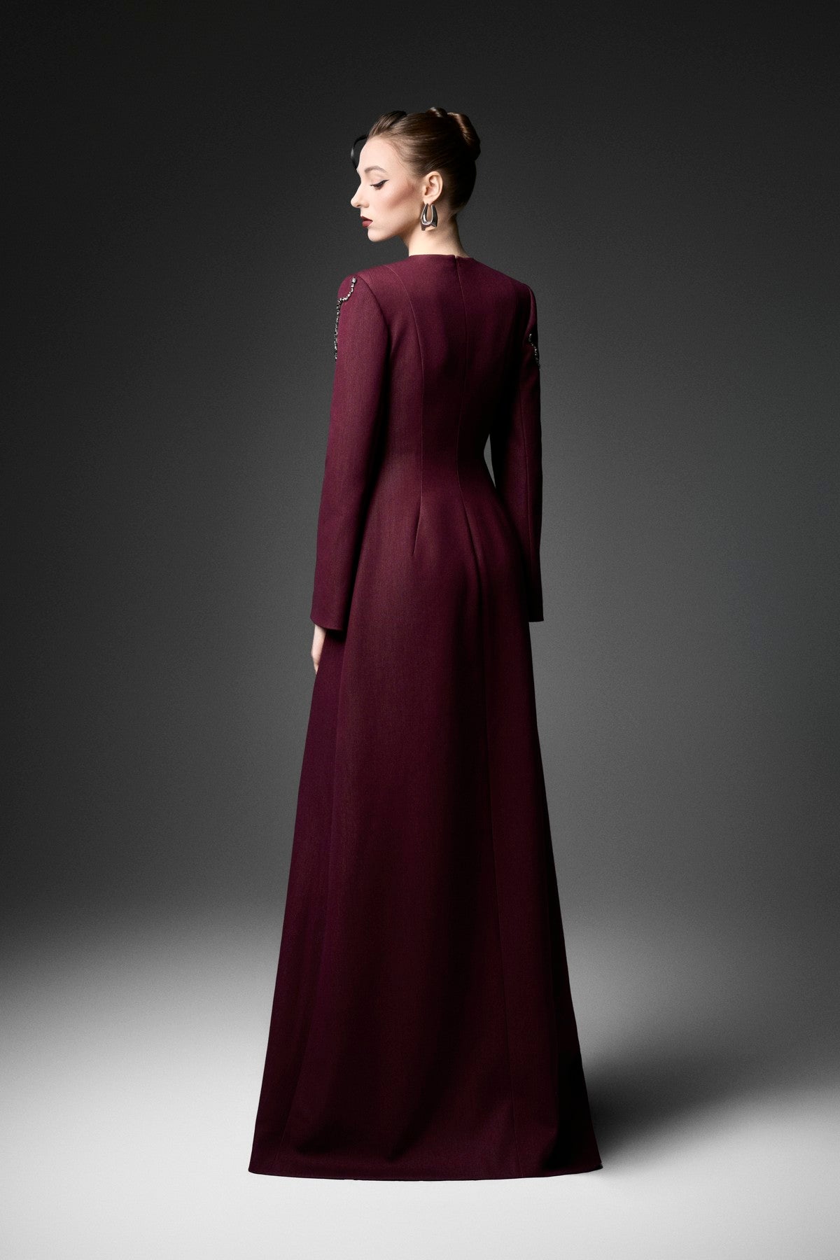 Wave-Embellished Long Sleeve A-Line Dress