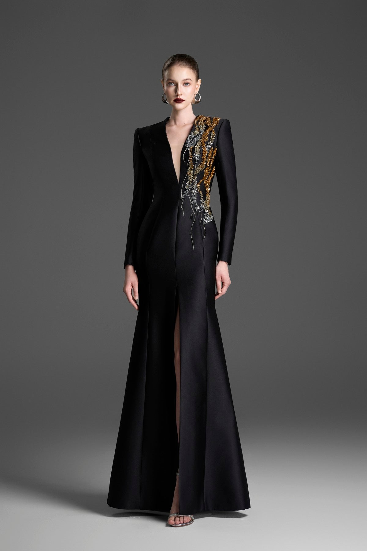 V-Neck Mermaid Gown with Crystal-Embellished Tulle Details