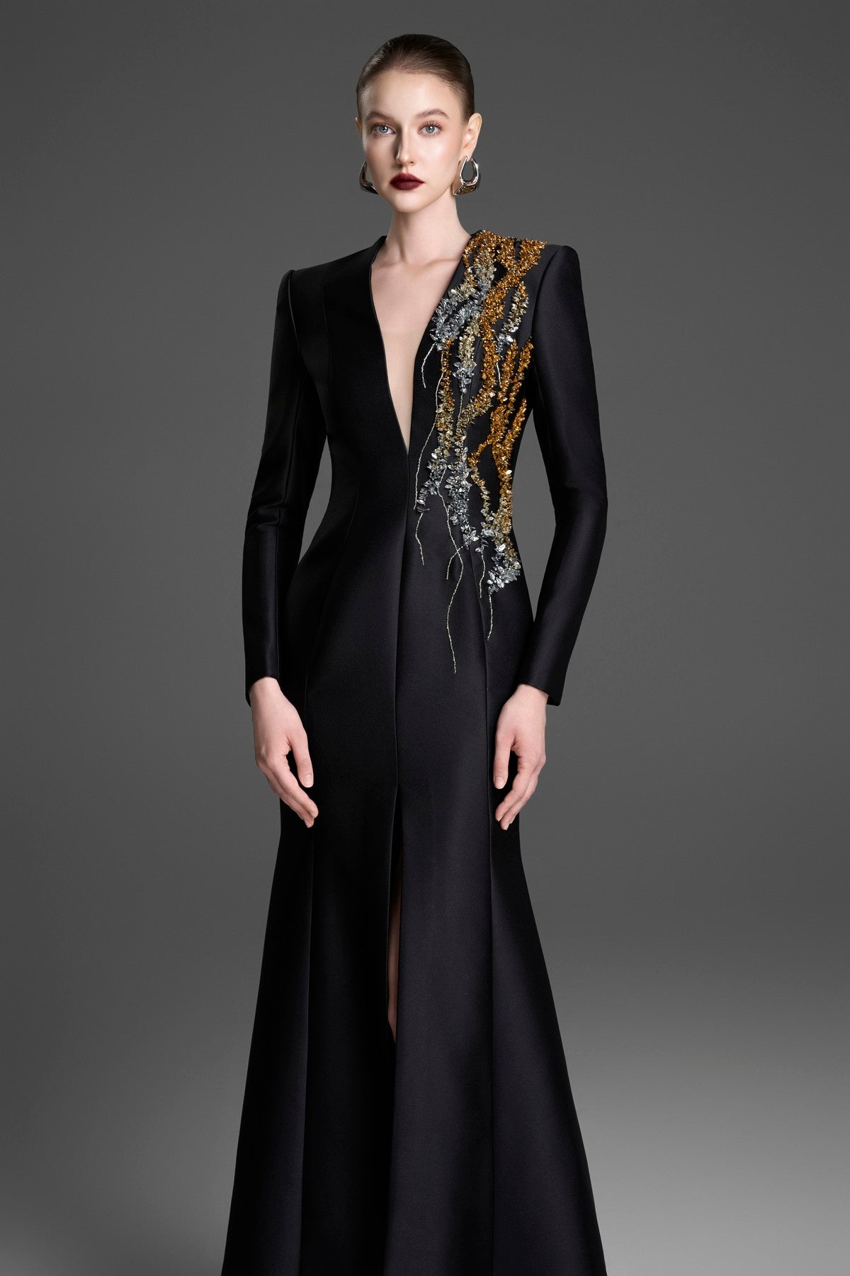 V-Neck Mermaid Gown with Crystal-Embellished Tulle Details