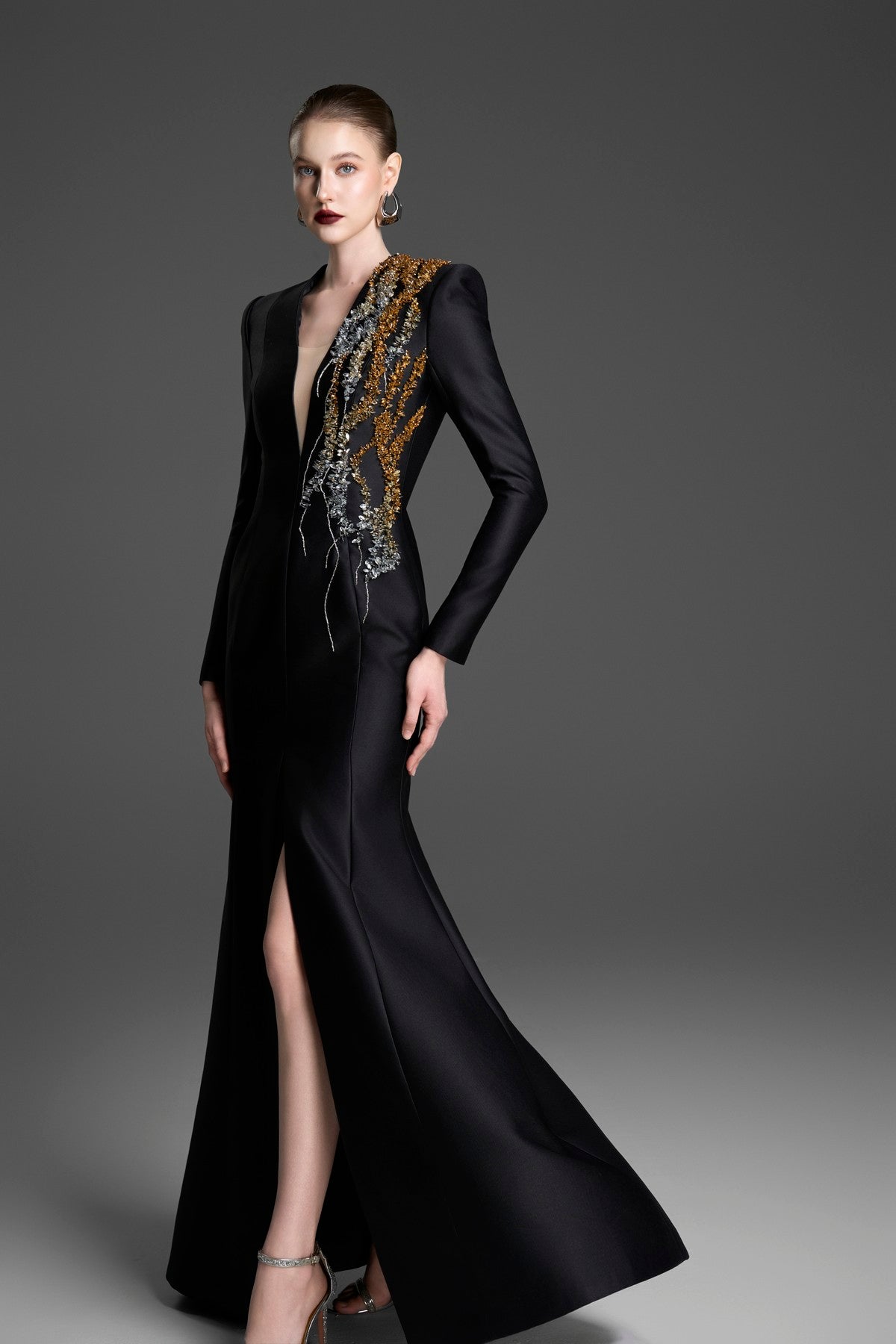 V-Neck Mermaid Gown with Crystal-Embellished Tulle Details