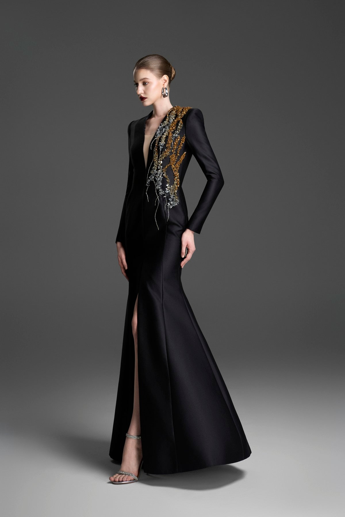 V-Neck Mermaid Gown with Crystal-Embellished Tulle Details