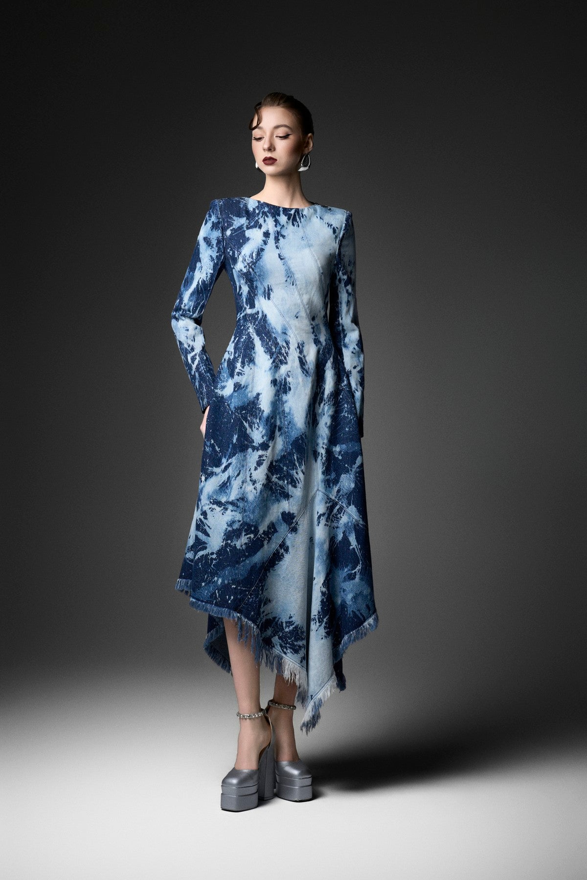 High-Low Marbling Wash Fringe Denim Long Sleeve Dress