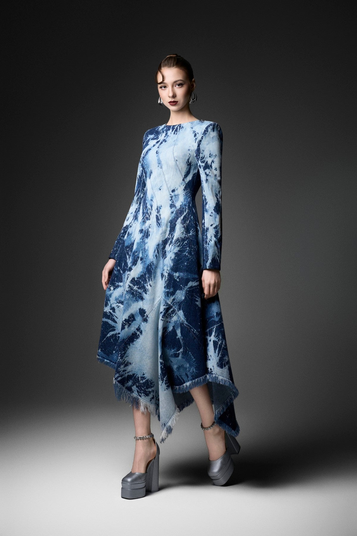 High-Low Marbling Wash Fringe Denim Long Sleeve Dress