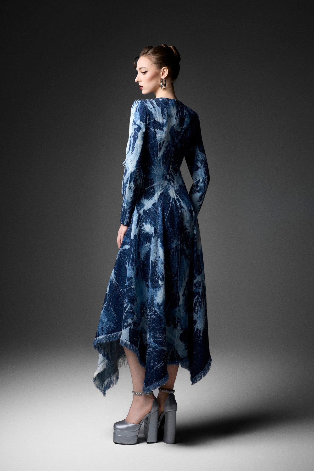 High-Low Marbling Wash Fringe Denim Long Sleeve Dress